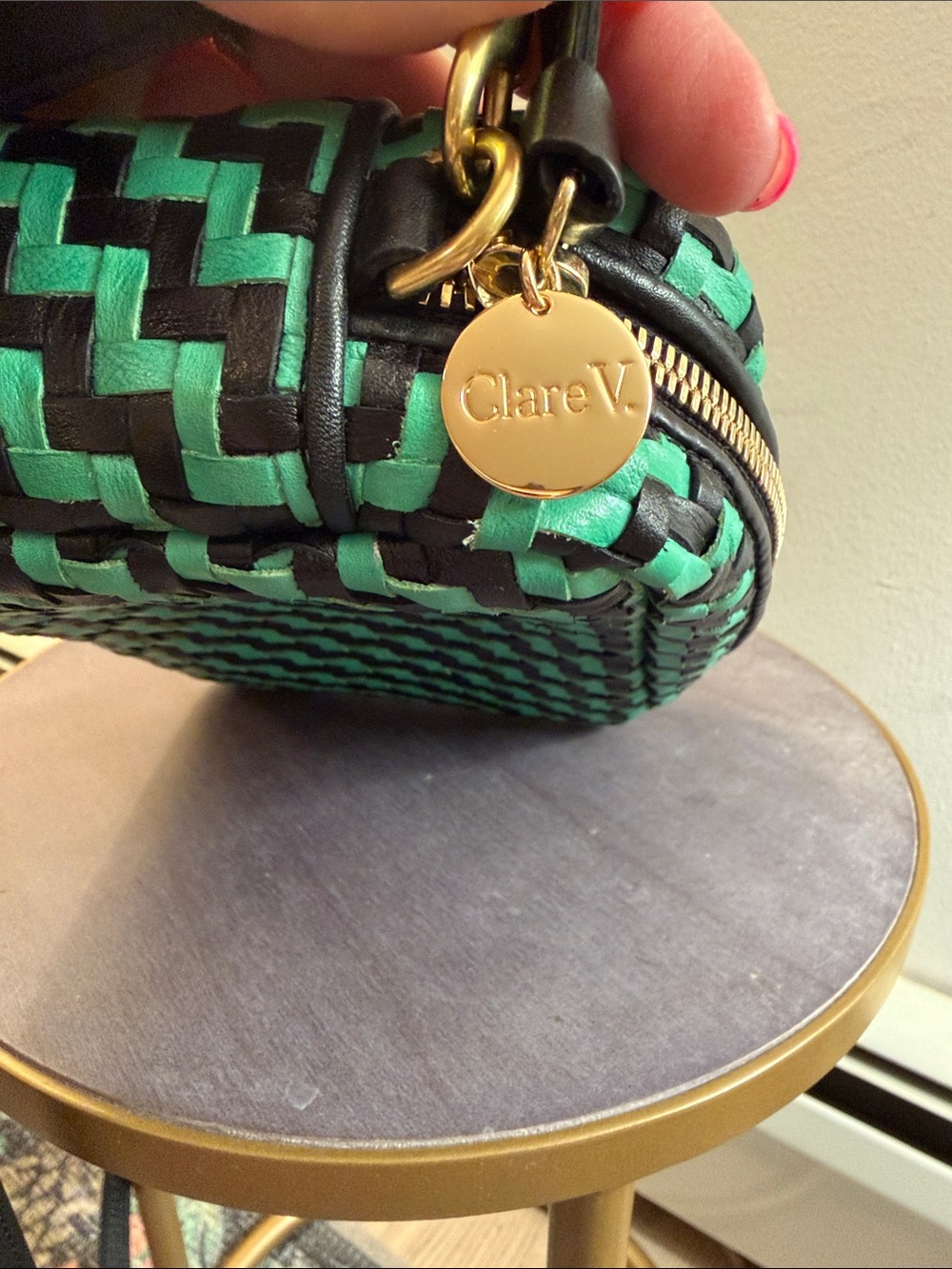 Clare V. Midi Sac crossbody green and black handwoven leather zig zag pattern - Picture 4 of 5